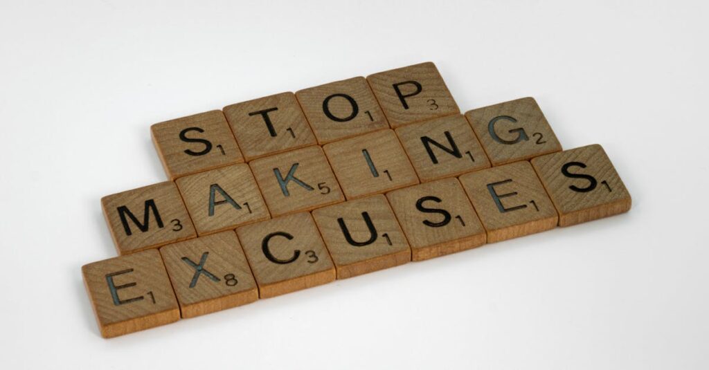 MINDSET FUEL FAMILY URGENCY Family, Fitness, & Hyrox: Your Christmas Hustle Starts Here. Wooden Scrabble tiles spell 'Stop making excuses' on a white background, encouraging self-improvement.